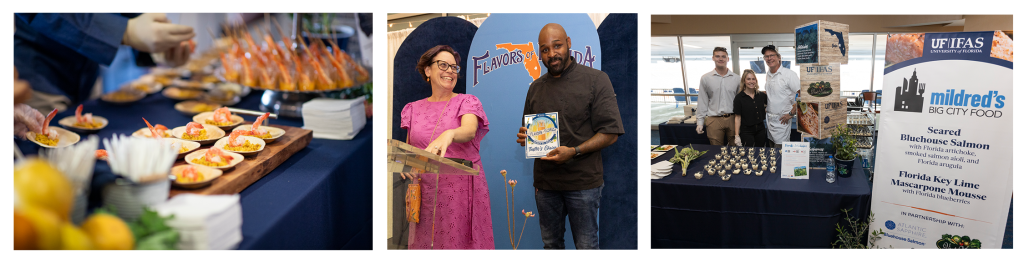 Photo 1: artful sample plates and skewers of shrimp ready to be served at Flavors of Florida.Photo 2: Jeanna Mastrodicasa and Underground Kitchen's Chef Carl smiling on stage at Flavors of Florida. Carl holds a plaque with event artwork reading "Taster's Choice." Photo 3: Three staff members smile behind the table for Mildred's Big City Food, which is prepped with serving cups and plates. A menu in the foreground lists "seared Bluehouse Salmon" and "Florida Key Lime Mascarpone Mousse" in partnership with Atlantic Sapphire Bluehouse Salmon and Vert Nature. The table has a stack of four 1-foot cubes with info on artichokes, blueberries, salmon, and arugula.