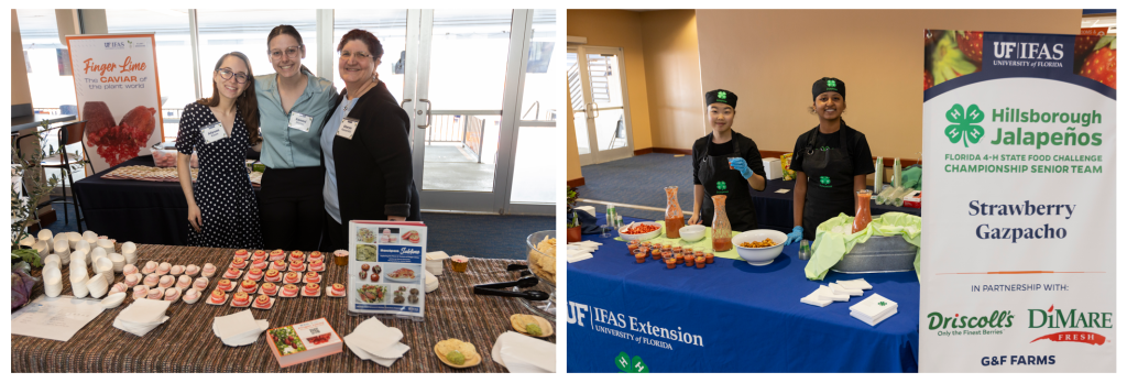 Photo 1: Three women from the UF/IFAS Food Science and Human Nutrition Department smile behind their table of pink finger lime flavored foods at Flavors of Florida. There is a sign in the background reading "Finger Lime, the caviar of the plant world."Photo 2: two teen 4-H youth in black 4-H branded chef outfits smile behind their table at Flavors of Florida. A sign in the foreground reads: "Hillsborough Jalapenos, Florida 4-H State Food Challenge Championship Senior Team/Strawberry Gazpacho/in partnership with Driscoll's, DiMare Fresh, G&F Farms."