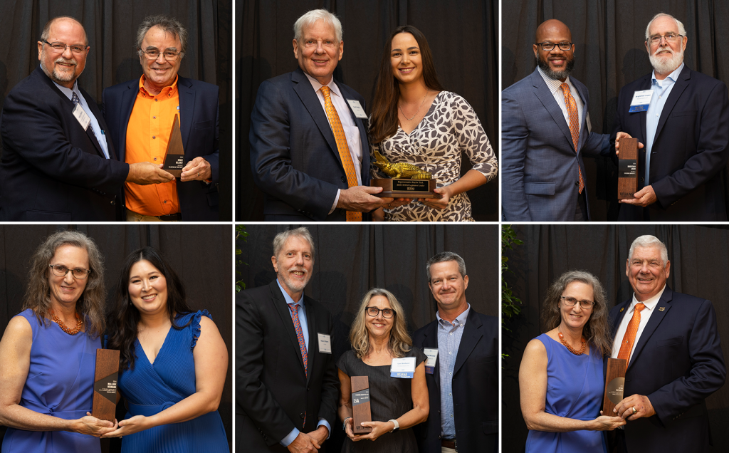 Collage of Dinner of Distinction Awardees holding their awards on stage and smiling with UF/IFAS leadership.