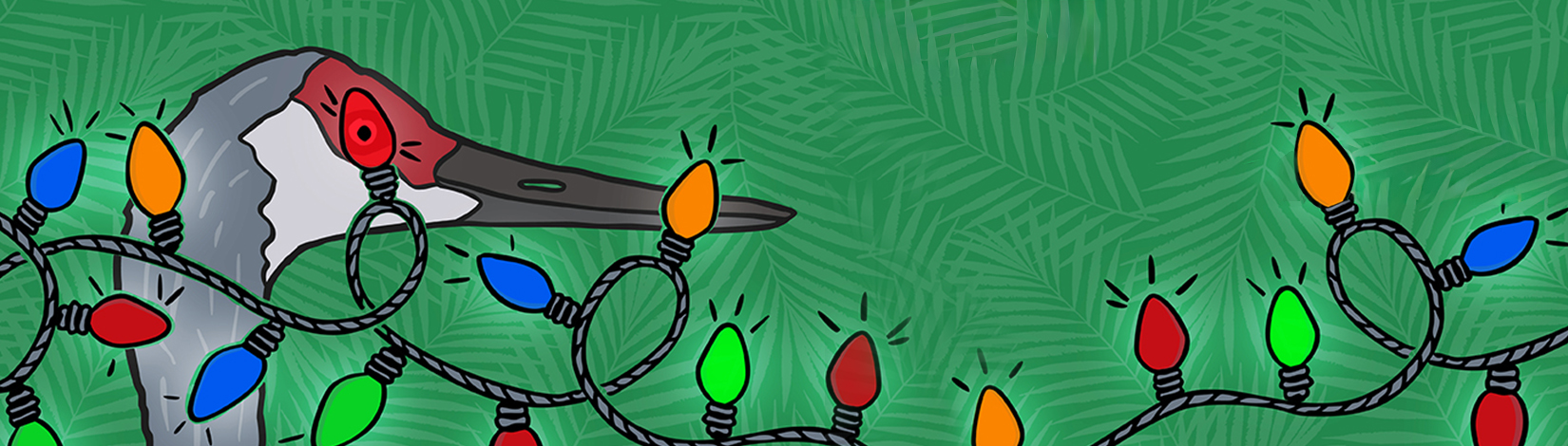 A sandhill crane with Christmas lights before a green palm leaf-patterened background (playful illustration).