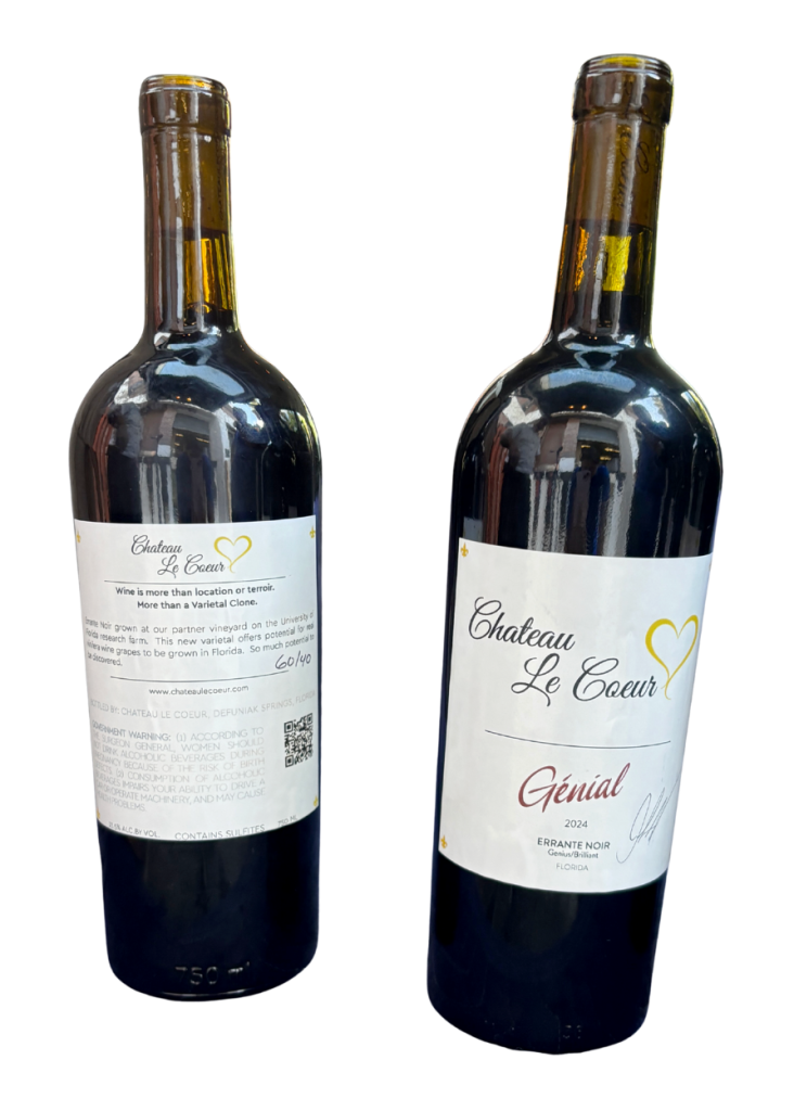 Two bottles of Château Le Coeur’s 2024 “Génial” Errante Noir wine, produced in collaboration with UF/IFAS from Pierce Disease–resistant grapes grown in Florida.