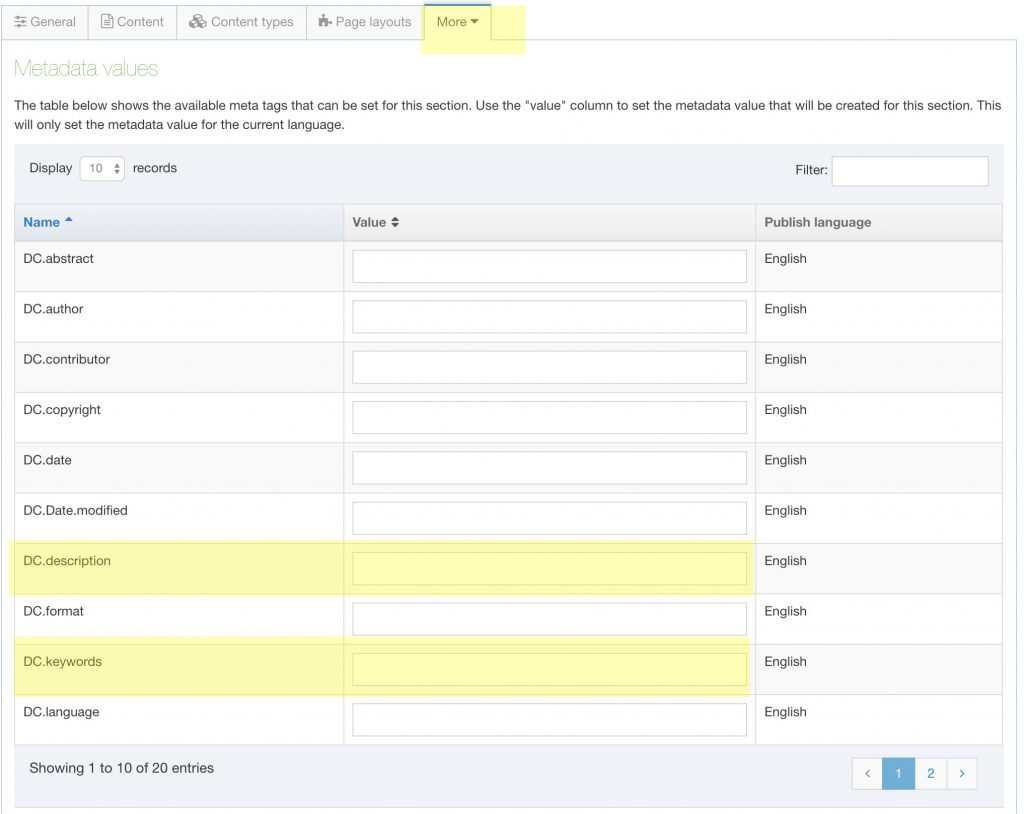 Screenshot - T4 More > Meta section used to add meta data to a page.