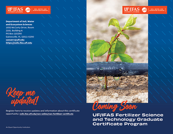 Cover spread of the UF/IFAS Fertilizer Science and Technology Graduate Certificate Program. This brochure utilizes good design technique.
