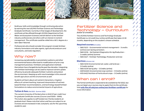 Interior spread of the UF/IFAS Fertilizer Science and Technology Graduate Certificate Program. This brochure utilizes good design technique.