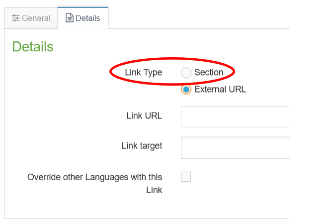link section: details tab - section link