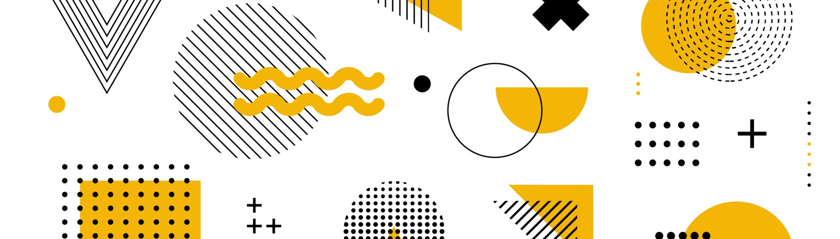 Geometric abstract elements memphis style. Set of funky bold constructivism graphics for posters, flyers. Vector yellow and black minimal shapes for modern cover.