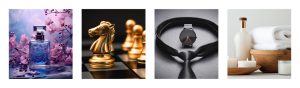 A line of four photos. Far left, a purple glass perfume bottle is surrounded by pink-ish purple flowers. Center left, a gold chess knight sits on a black chess board. Center right, a sophisticated feeling black tie and all black watch wit on a black background with a light overhead. Far right, an assortment of white towels and lotions with wood accents.