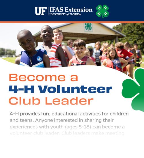 A group of elementary age children in life jackets and swimming clothes pose in a line for a group photo, functioning as the header for a flier titled Become a 4-H Volunteer Club Leader"
