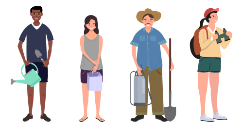 4 illustrated people stand in a row: a man holding a garden trowel and watering can, a woman holding a shopping bag, a man holding a shovel and a sprayer tank, and a woman with binoculars. Illustrations adapted by Leah Welch from Adobe Stock.