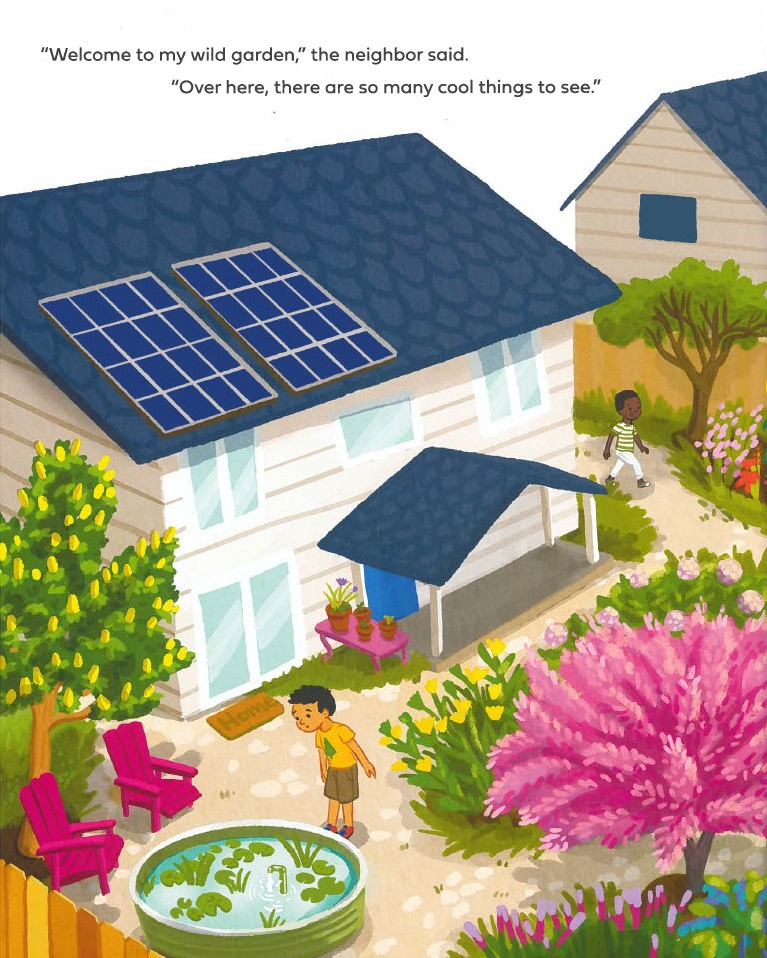 Children exploring the lush garden in their neighbors backyard