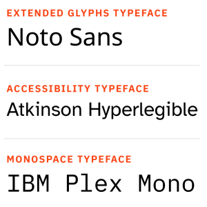 Sample of the three extended UF fonts, Noto Sans, Atkinson Hyperlegible, and IBM Plex Mono