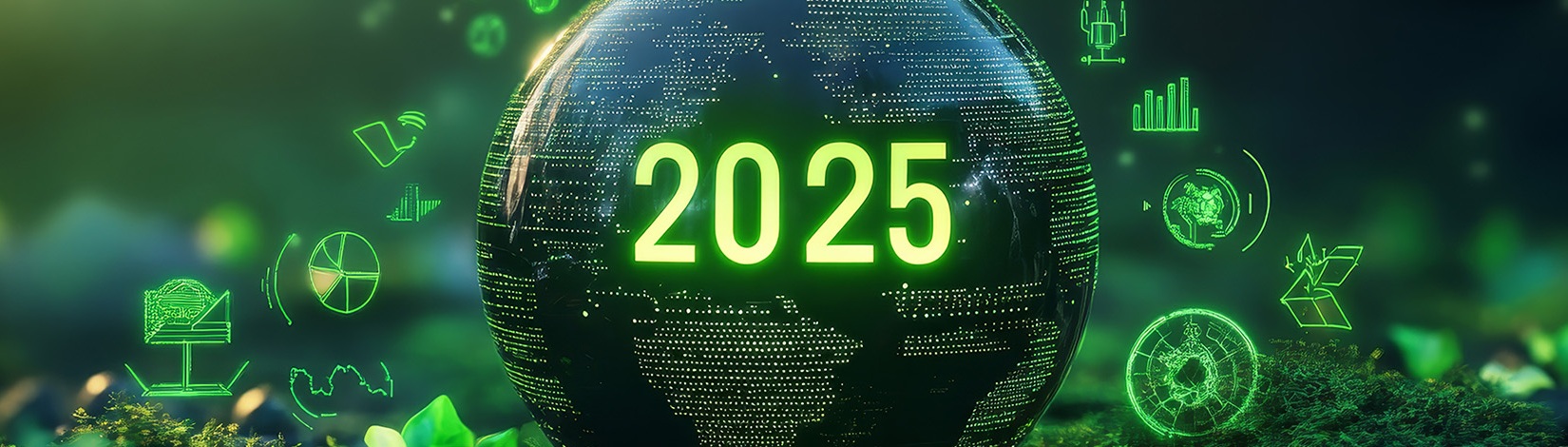 abstract globe surrounds 2025 with icons and greenery in background