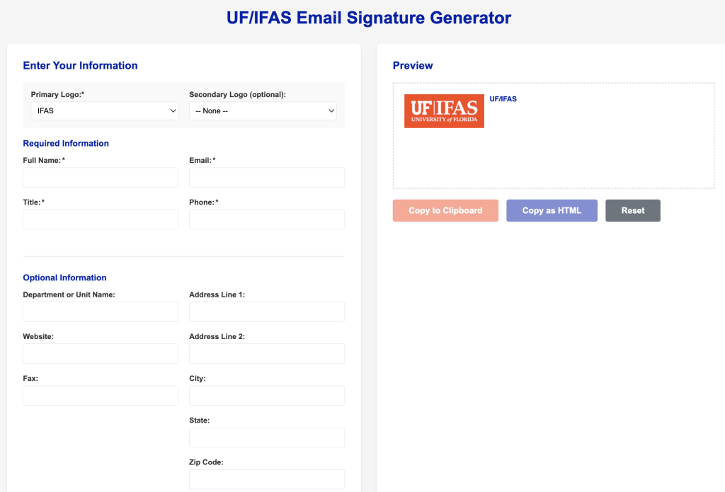 Screenshot of the UF/IFAS Email Signature Generator.