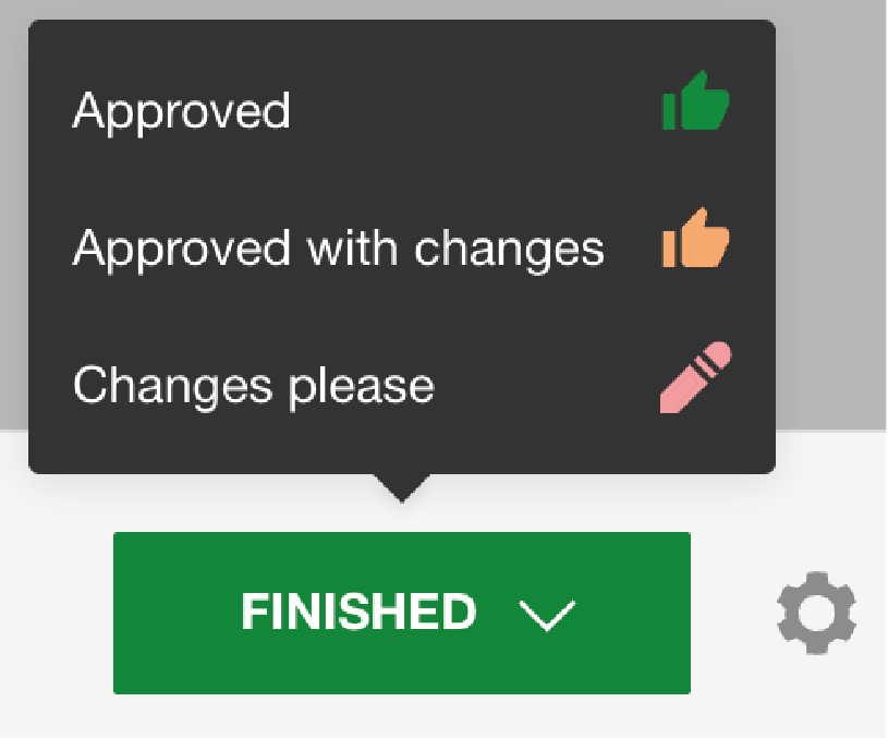 A screenshot showing a green "finish" button with 3 approval options.