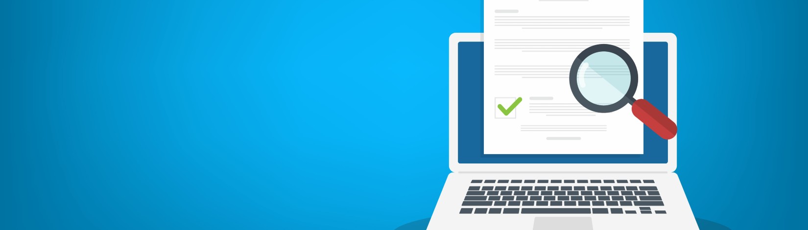 Online digital document inspection or assessment evaluation on laptop computer, contract review, analysis, inspection of agreement contract, compliance verification. Vector illustration.