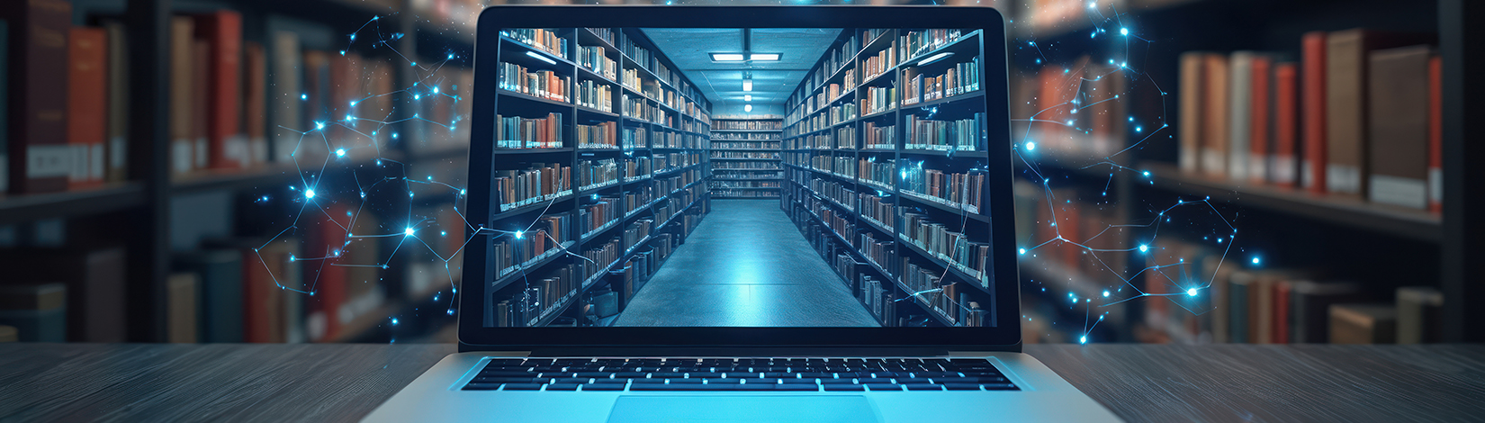 E-library on laptop screen displays online learning. Digital books on bookshelves for education, knowledge. Concept of E-Learning digital resources and information access. Technology background.