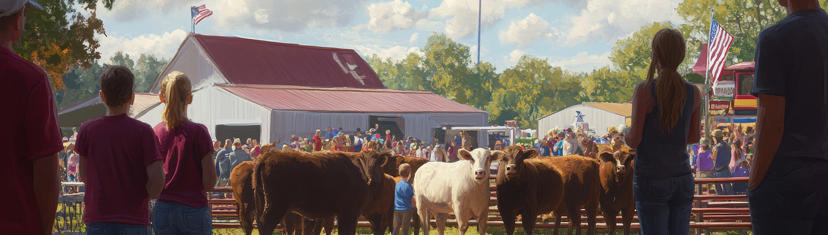 People watch a cattle show at a county fair, surrounded by livestock, stands, and an audience enjoying the festive atmosphere.