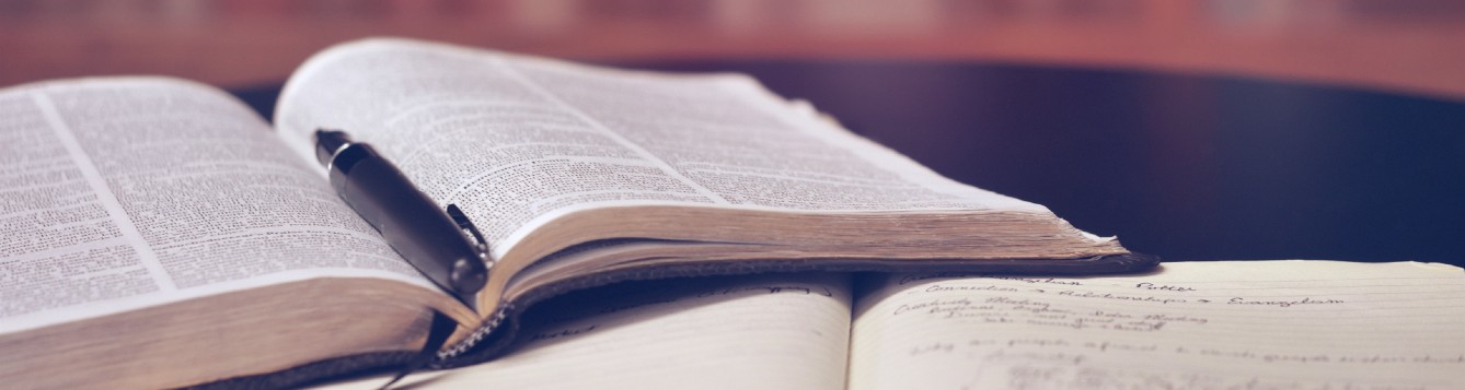 Two books lay open on a wooden table in front of a bookshelf.