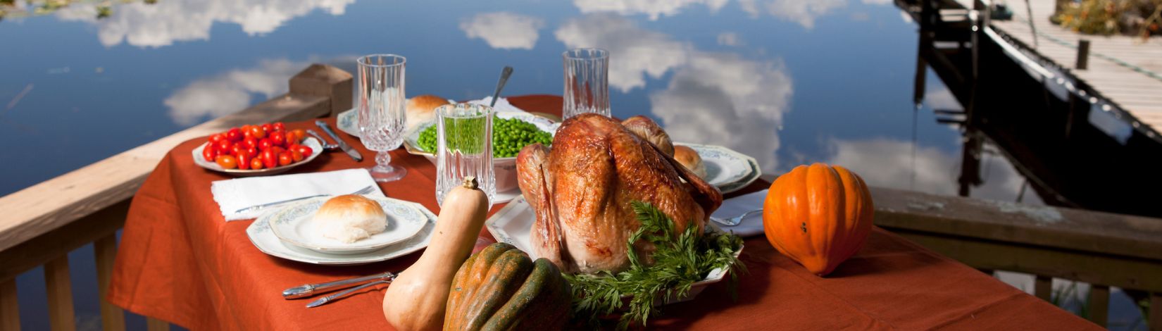 A fall food spread including a turkey and several varieties of squash on a lakeside table. Food safety, outdoor dining. UF/IFAS Extension 2011 Calendar and Annual Report Photo. UF/IFAS Photo by Tyler Jones. File 014325
