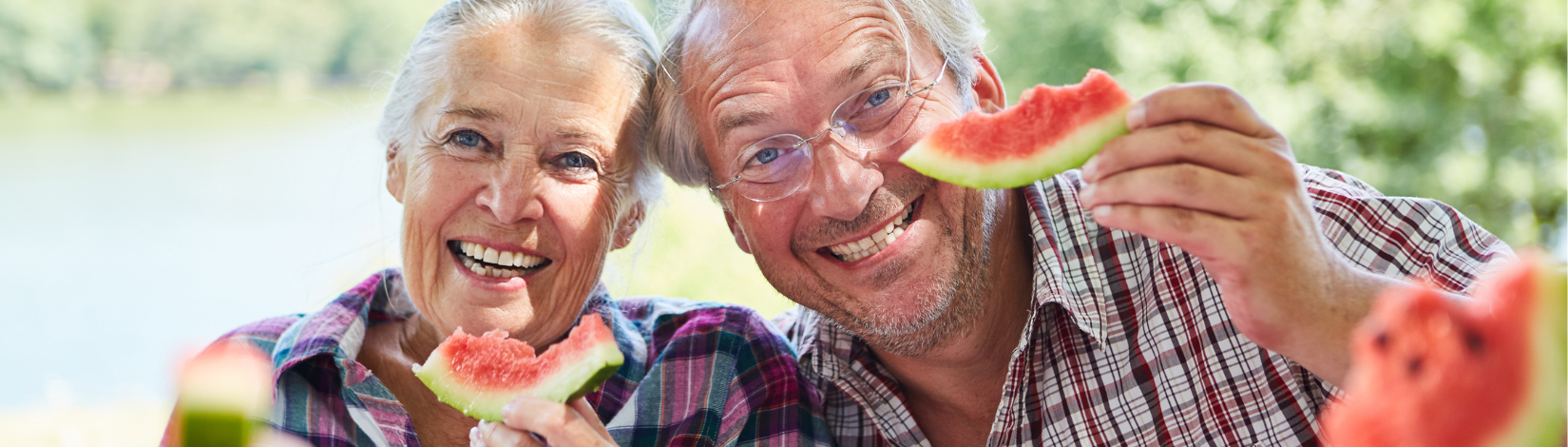 Older adults eating watermelon