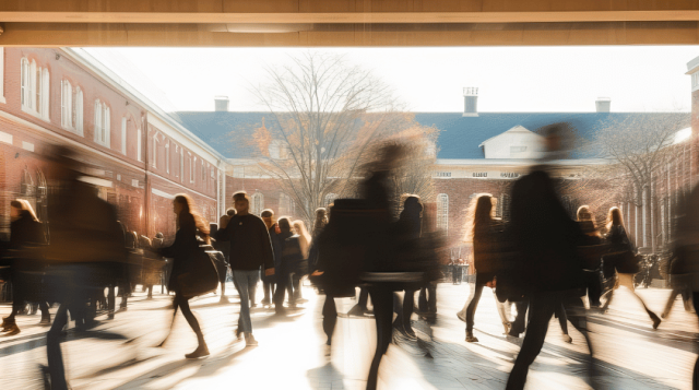 Crowd of students walking through a college campus on a sunny day, motion blur