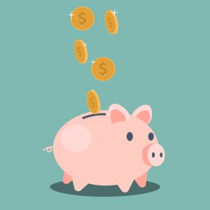 image of cartoon piggy bank with money being added to it. 