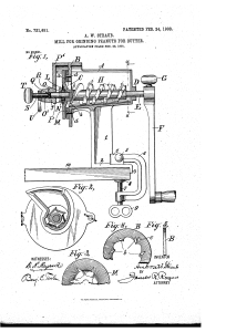 Schematic diagram of an early peanut butter grinding machine from U.S. Patent No. 721,651 (1903) by A. W. Straub. The image shows labeled mechanical components including grinding mechanisms, a hopper, and rotary elements.