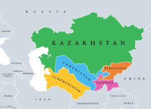 Central Asia, or Middle Asia, colored map. Region of Asia from Caspian Sea to western China, and from Russia to Afghanistan. Kazakhstan, Kyrgyzstan, Tajikistan, Turkmenistan, and Uzbekistan.