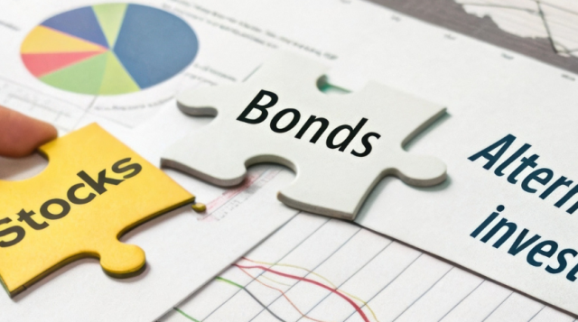 An illustration of a puzzle being completed with pieces labeled stocks bonds and alternative investments being rearranged for a better fit.