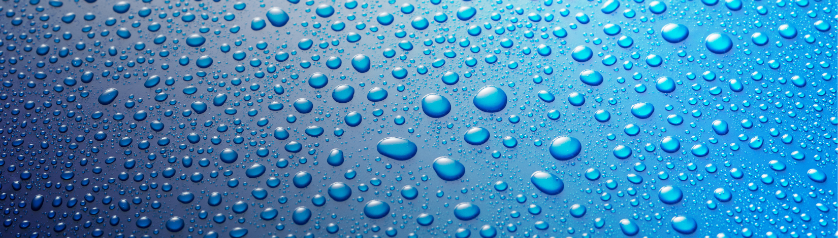 Panoramic Banner of Water Drops on Blue Metal