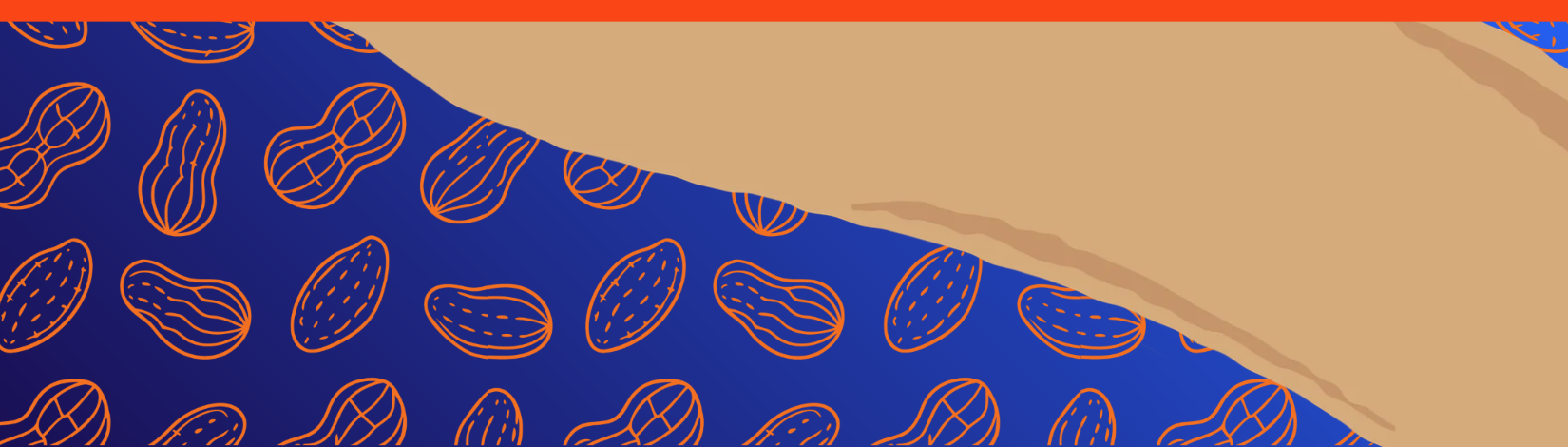 Blue background with orange outline of peanuts spread across.