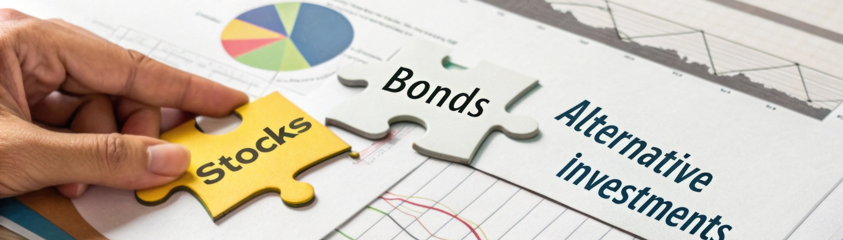 An illustration of a puzzle being completed with pieces labeled stocks bonds and alternative investments being rearranged for a better fit.