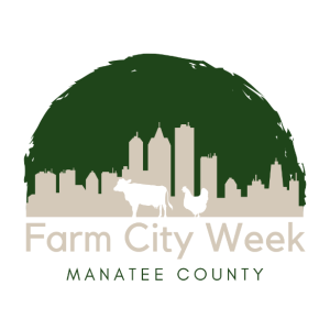 Farm City Week Logo-Buildings and a cow and chicken