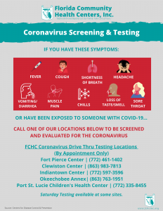 flyer showing testing criteria, locations, contact information for FCHC