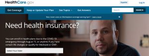 Healthcare.gov website image showing a person and offering options to obtain health insurance