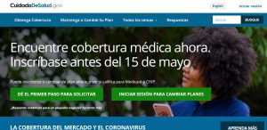 Front page of Healthcare.gov, for information about health insurance plans