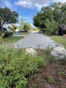 A neighborhood roadway is seen abutting the Rio Bioswale vegetative buffer, mulched and planted with native vegetation.
