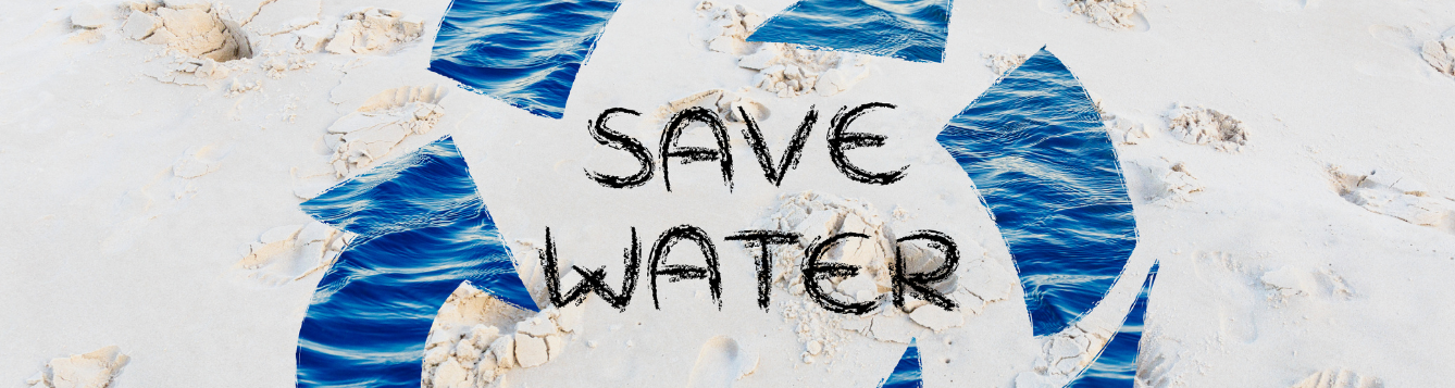 A circular symbol with arrows depicting recycling with text on interior stating "Save Water"