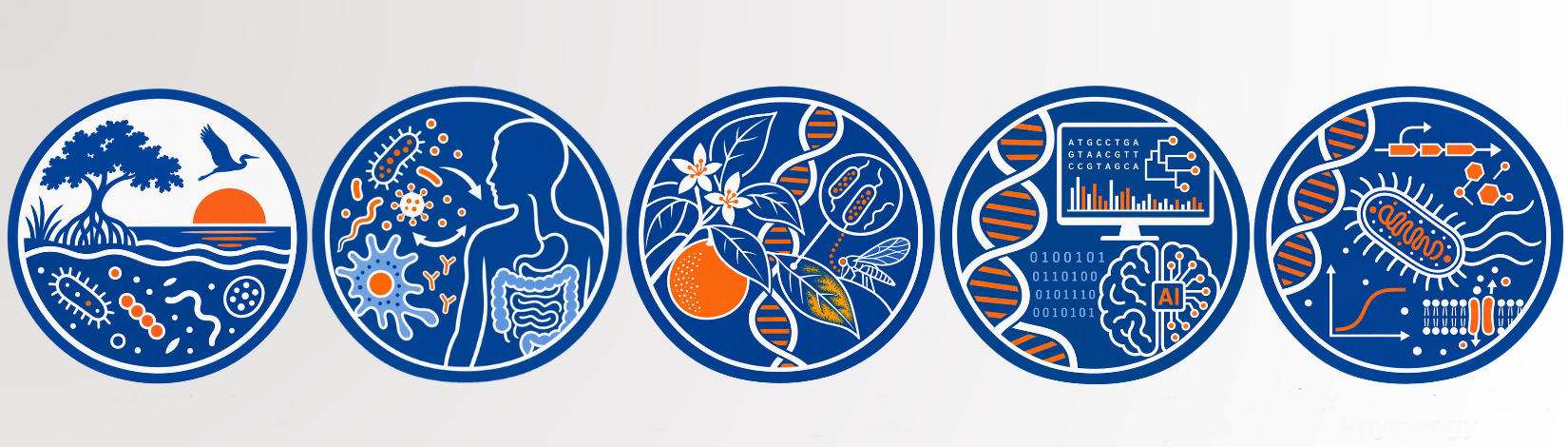 Circular blue, orange, and white line icon depicting the 5 research focus areas at UF's Department of Microbiology and Cell Science