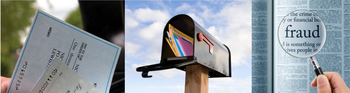 Photo of a check, mailbox and the word fraud