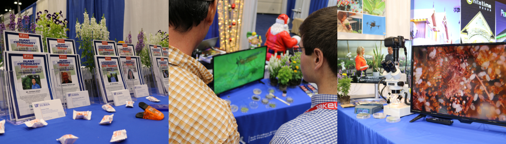Collage featuring MREC faculty cards, visitors watching a monitor, and screens projecting live insects and OrangeTV clips.