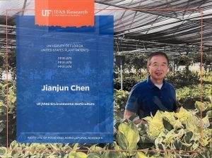 Dr. Chen stands in a greenhouse surrounded by leafy plants, with a UF/IFAS Research promo in the foreground.