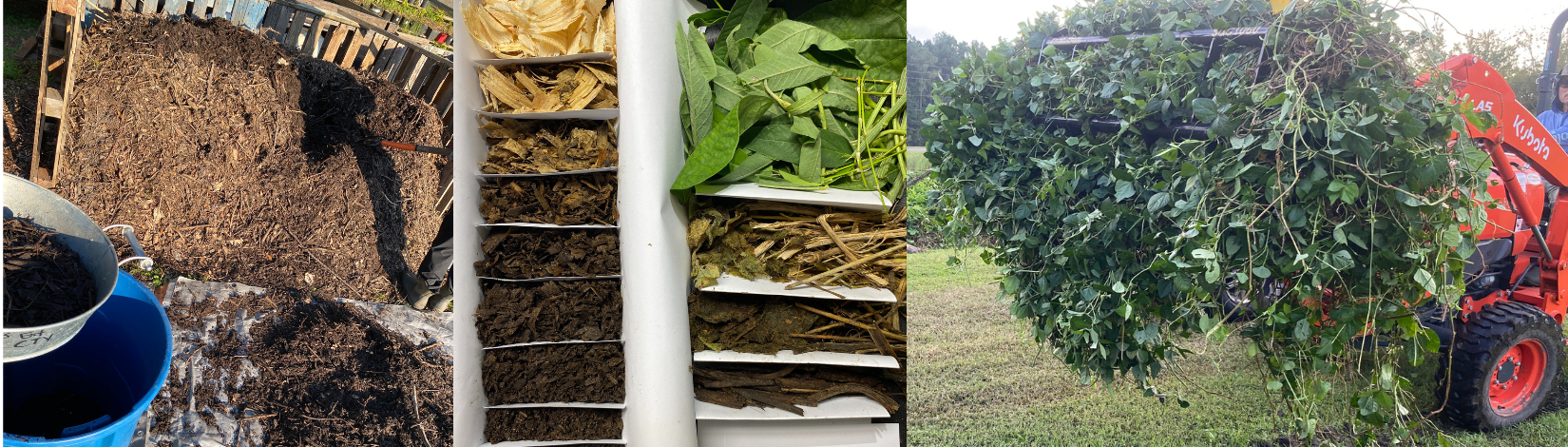 A planter moves a load of plant material; a progression of compost is shown; a setup of compost being stored is shown in front of a tarp.