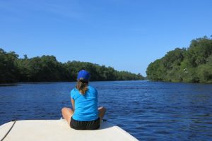 Jordana on the front of the boat on the Suwannee River