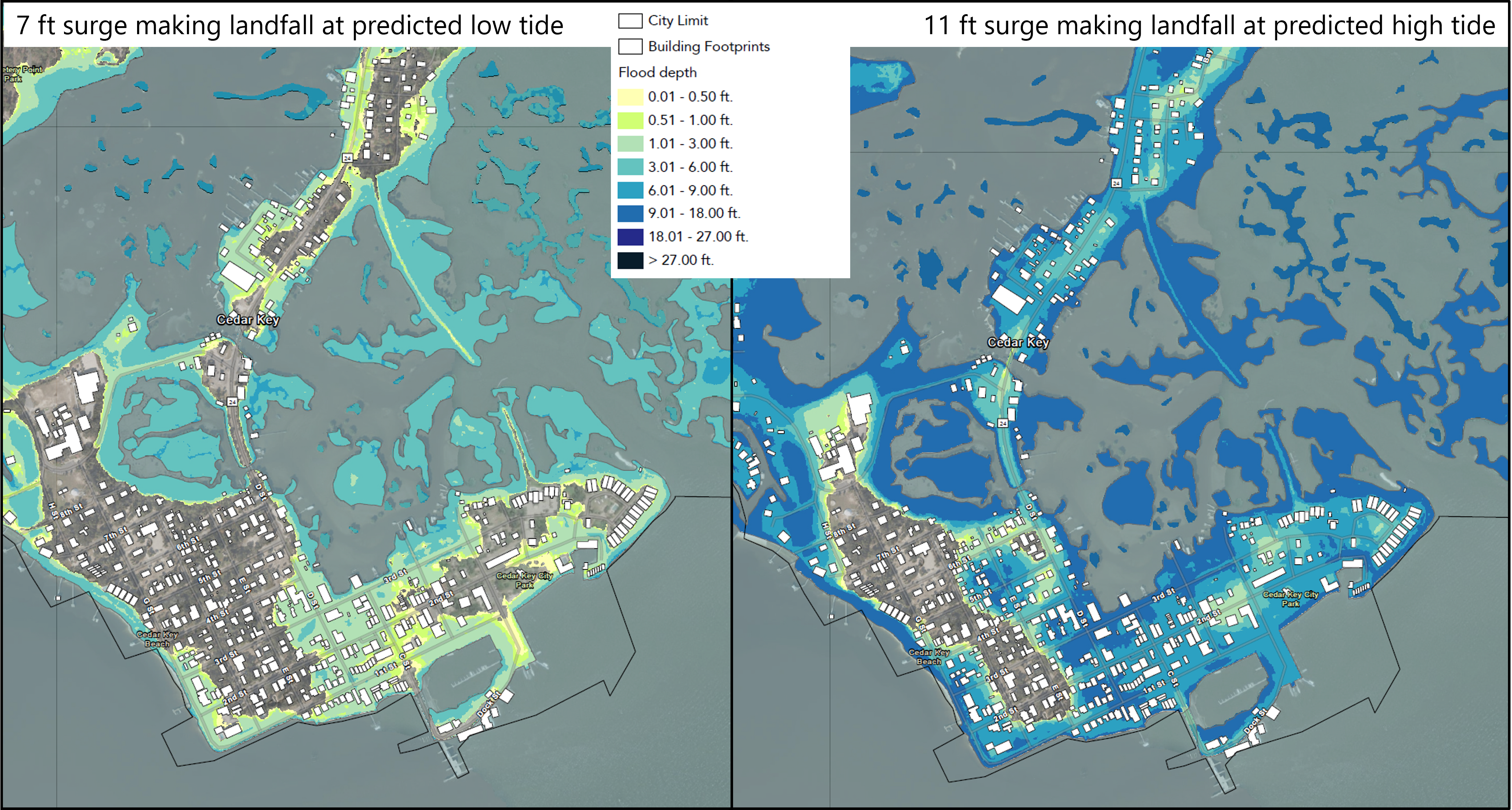 two maps comparing storm surge depths