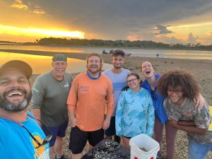 Photo taken after setting up cages for the Corrigan’s Reef Oyster Restoration Project. 