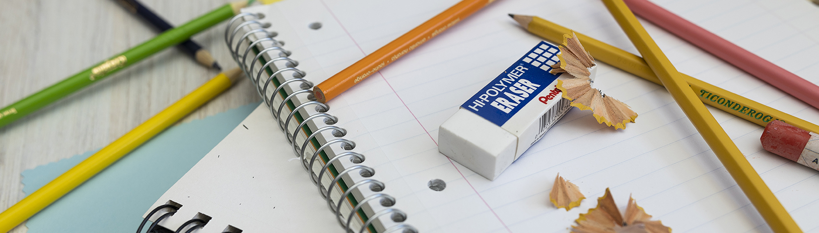 Stationery items including notebooks, pens, pencils, eraser and pencil shavings on a light gray surface.