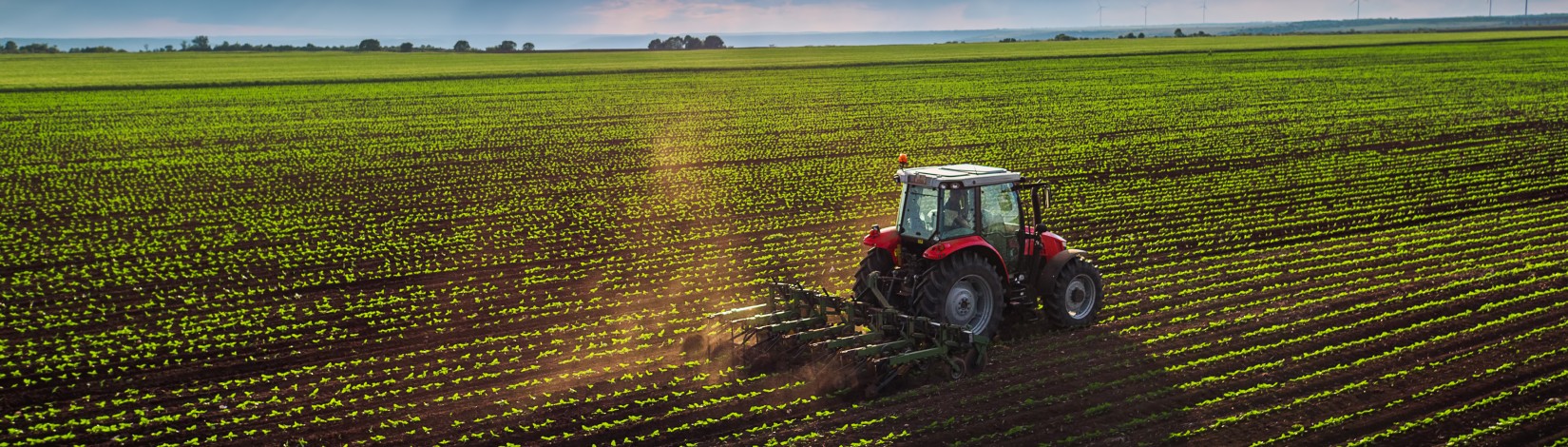 A tractor plowing a field, kicking up dust.