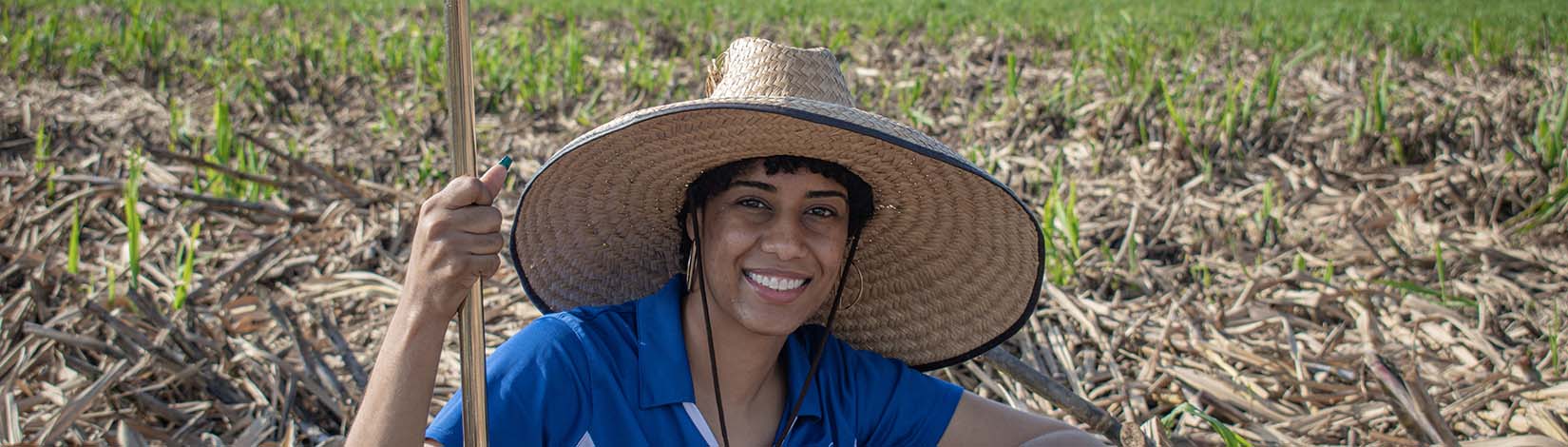 Pamela Aracena Santos smiles while taking soil samples within a research plot in the Everglades Agricultural Area (EAA).