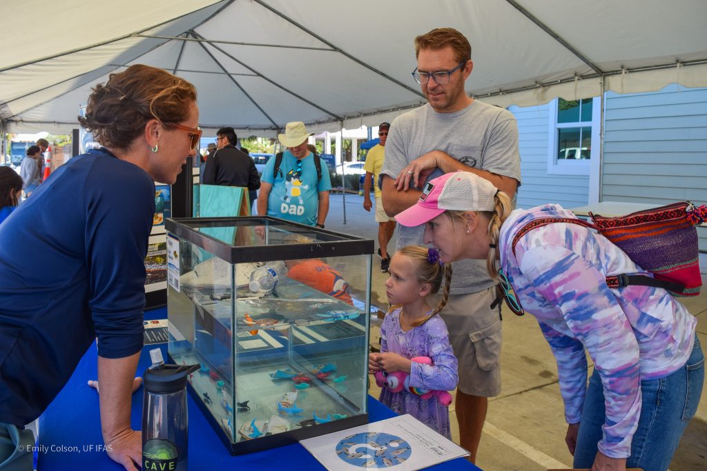 Festival goers learning from UF and external scientists about marine pollution (2023). Photo credit: Emily Colson, UF/IFAS NCBS.